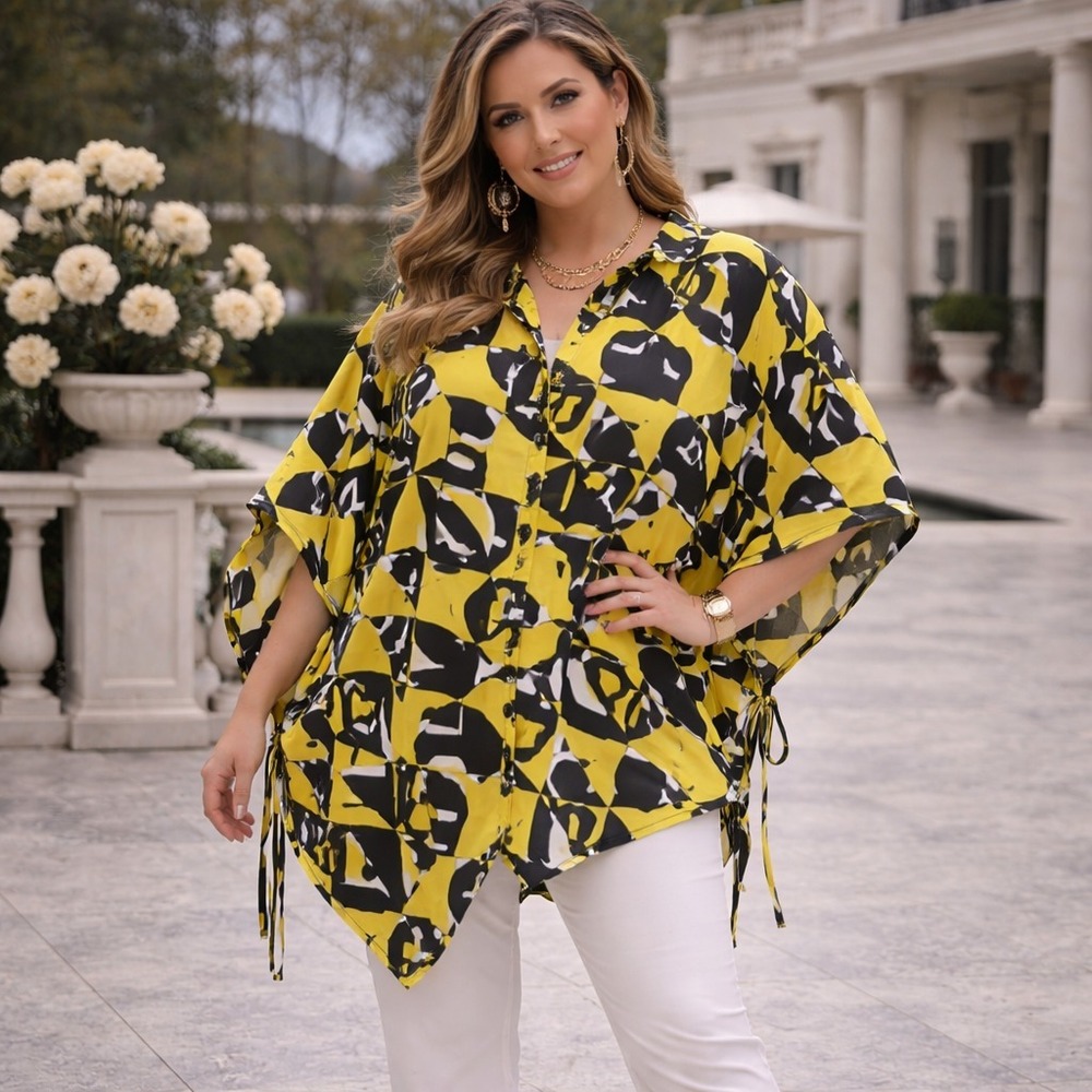 LIVE 4 TRUTH NWOT Yellow Black Abstract Tunic Button Top Drawstring Side Plus 1X